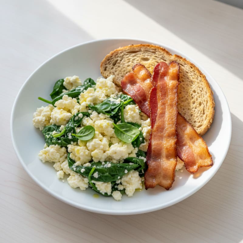 Cottage Cheese Scramble with Spinach and Turkey Bacon