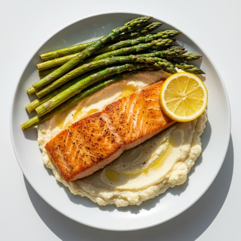 Seared Salmon with Roasted Asparagus and Cauliflower Mash