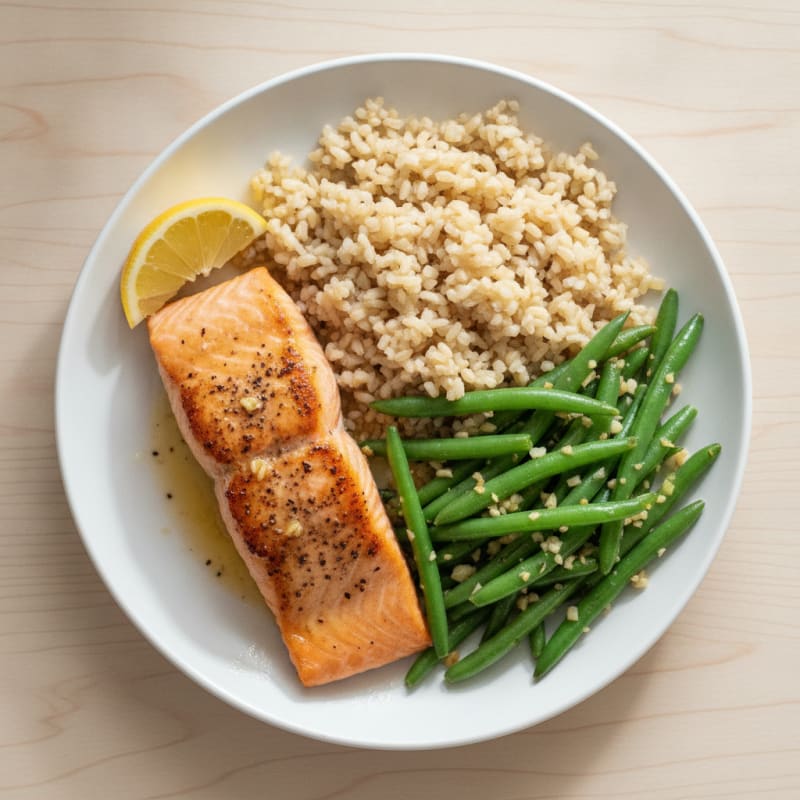 Seared Salmon with Garlic Green Beans and Brown Rice