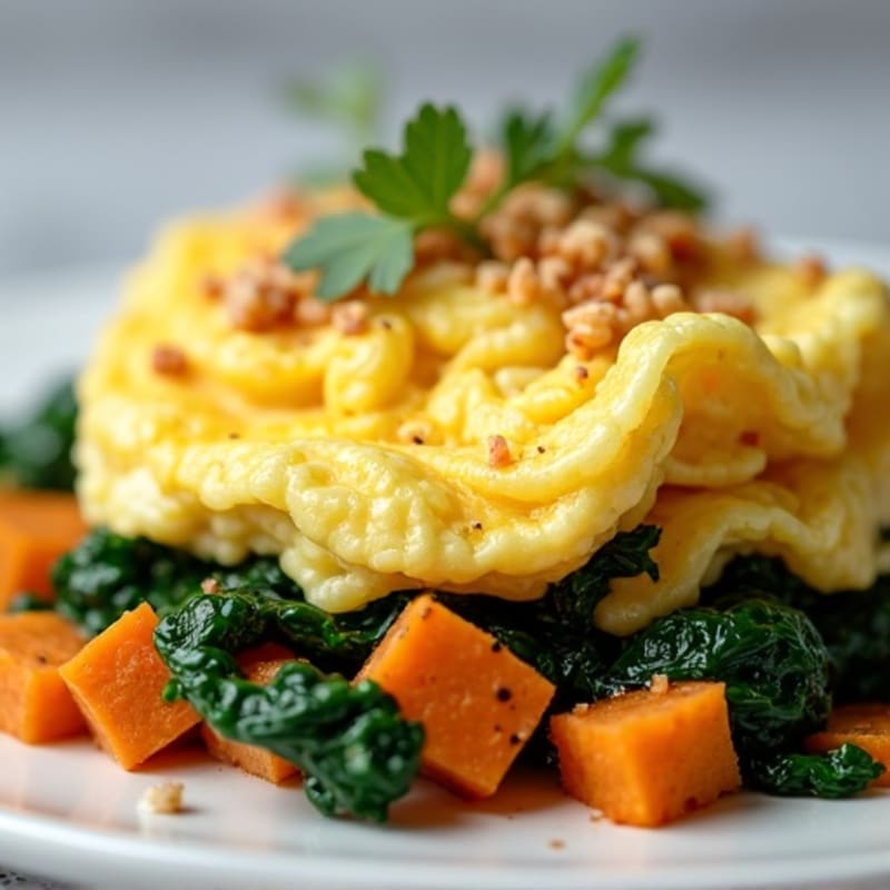 Fluffy Scrambled Eggs with Spinach and Sweet Potato Hash