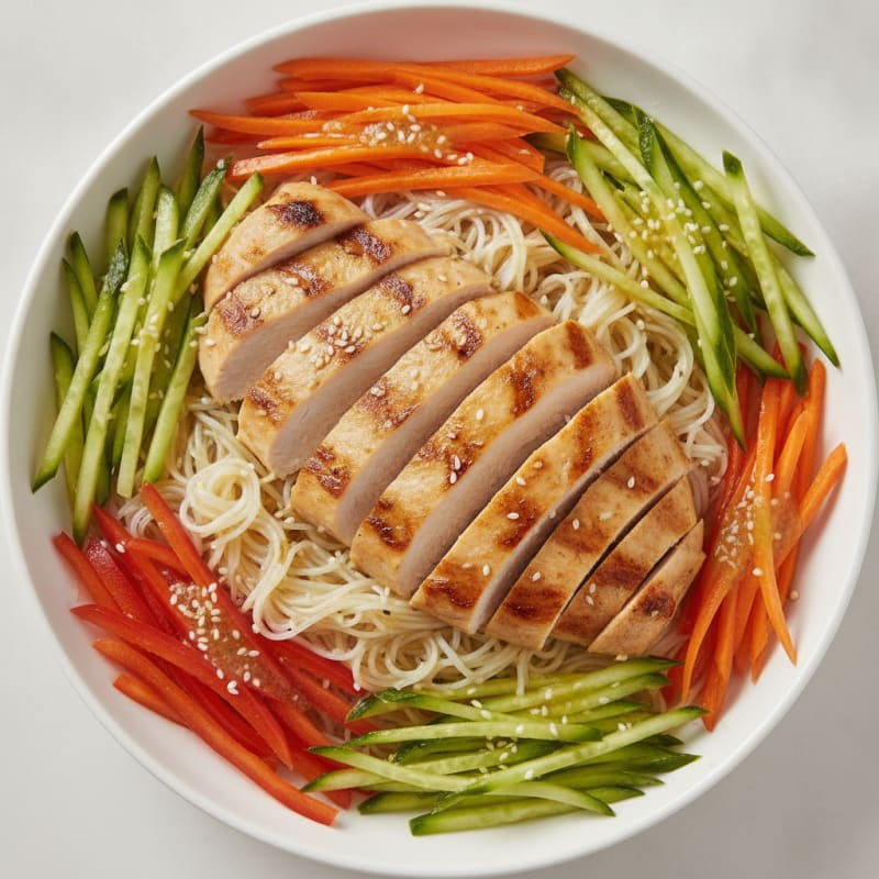 Grilled Chicken and Rice Noodle Bowl with Crunchy Vegetables