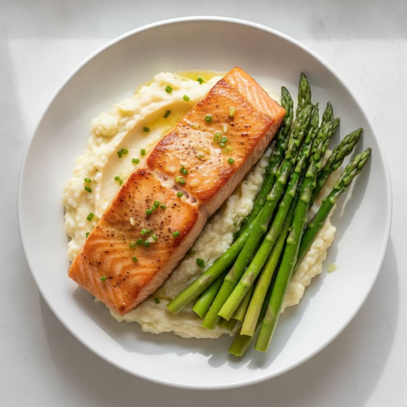 Seared Salmon Fillet with Steamed Asparagus and Cauliflower Mash