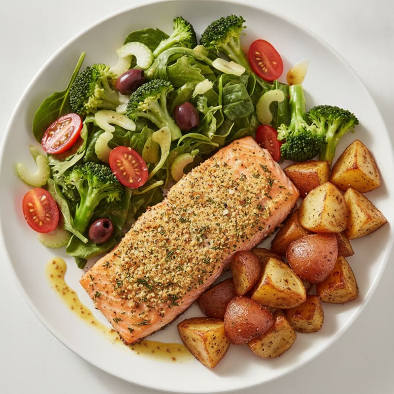 Herb-Crusted Salmon with Roasted Potatoes and Broccoli