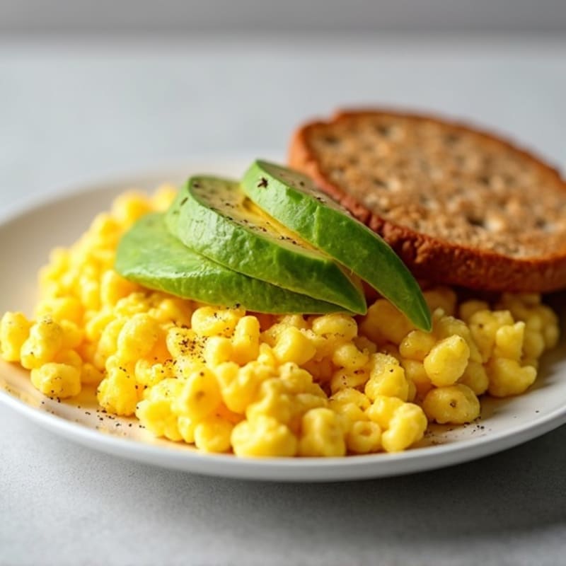 Fluffy Scrambled Eggs with Creamy Avocado and Whole-Wheat English Muffin