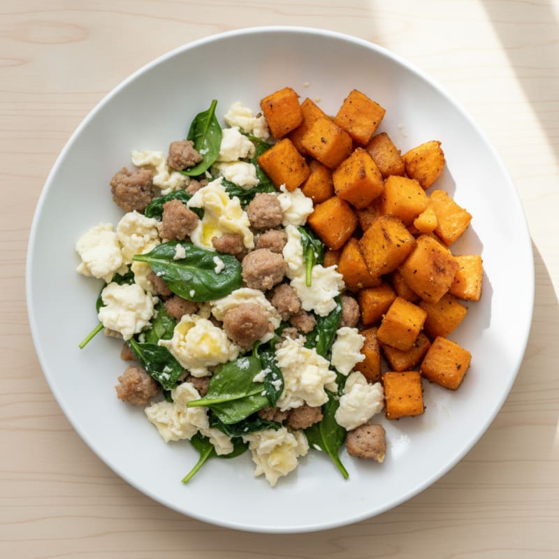 Egg White and Turkey Sausage Scramble with Spinach and Roasted Sweet Potato