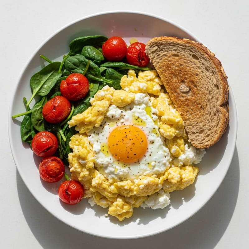 Cottage Cheese and Egg Scramble with Sautéed Spinach and Cherry Tomatoes