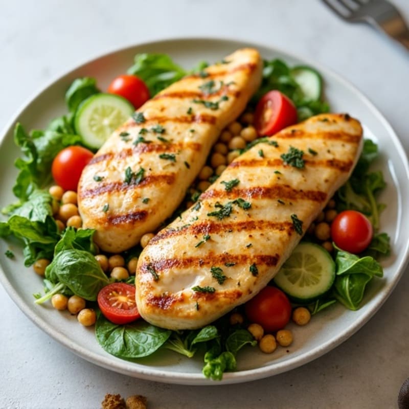 Lemon-Herb Grilled Chicken with Crisp Greens, Chickpeas, and Fresh Tomato-Cucumber Salad
