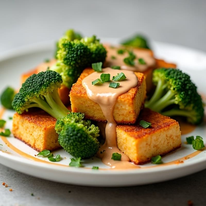 Crispy Tofu with Roasted Broccoli and Peanut Sauce