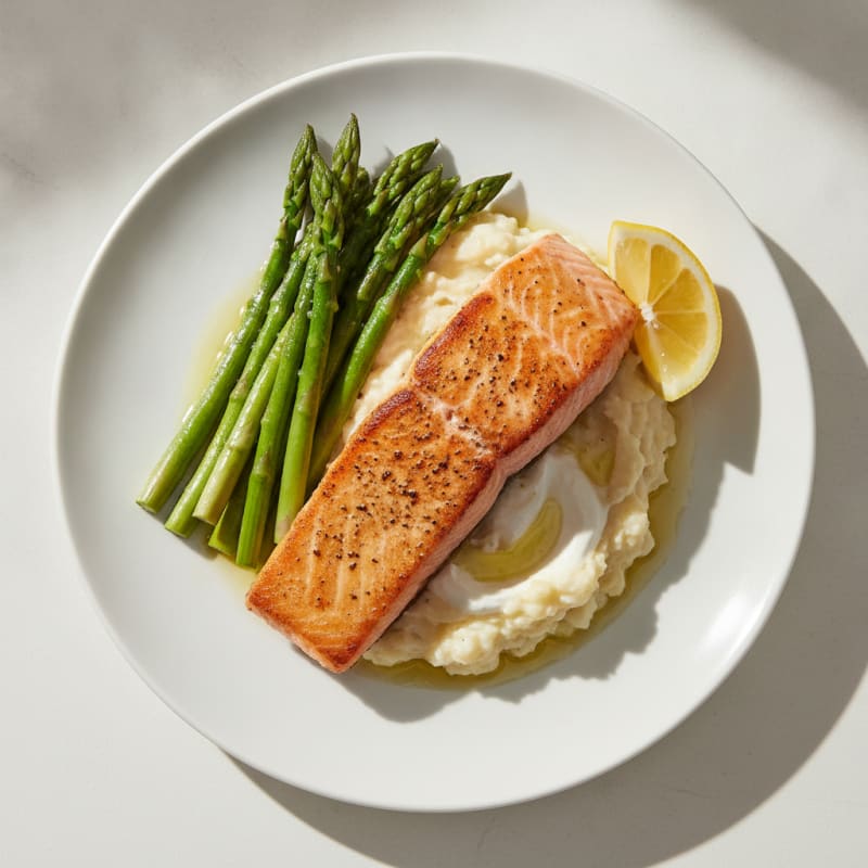 Seared Salmon with Steamed Asparagus and Garlic Mashed Cauliflower