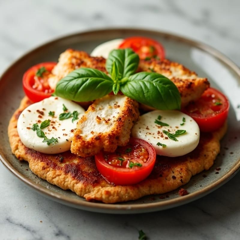 Crispy Chicken and Roasted Tomato Flatbread with Fresh Mozzarella and Basil
