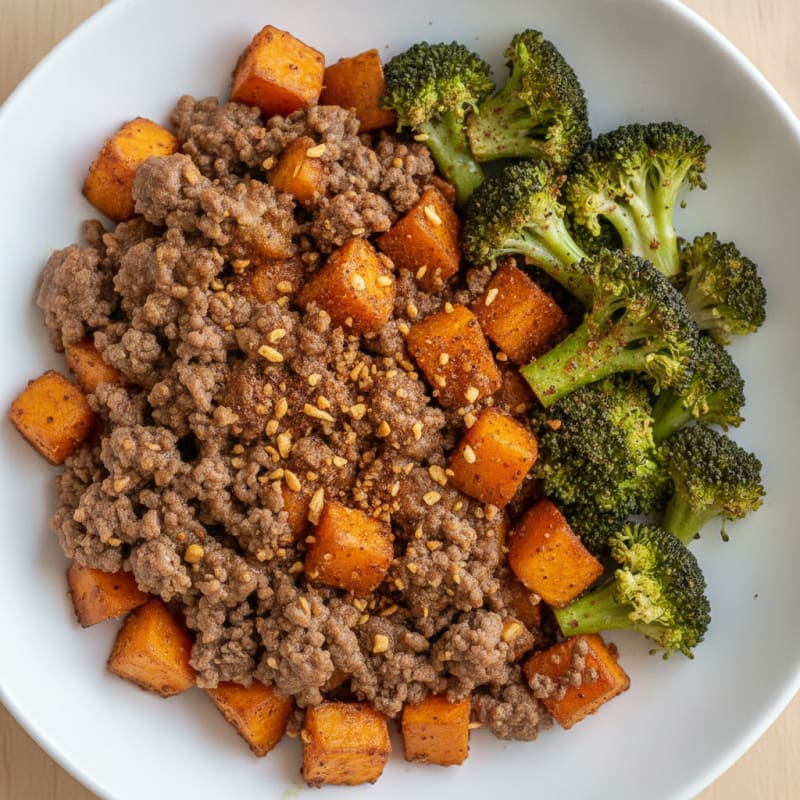 Ground Beef Sweet Potato Bowl with Roasted Broccoli