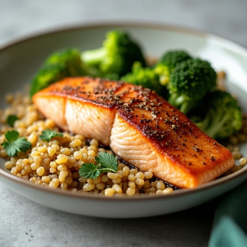Seared Salmon with Roasted Broccoli and Quinoa