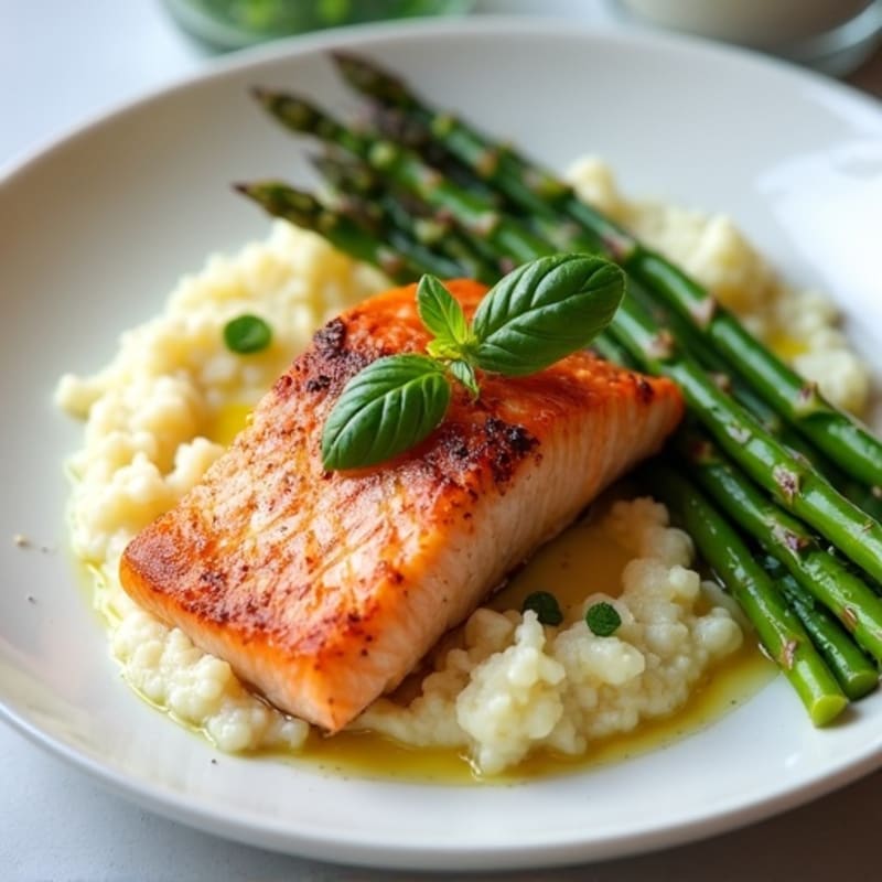 Seared Salmon with Steamed Asparagus and Cauliflower Mash