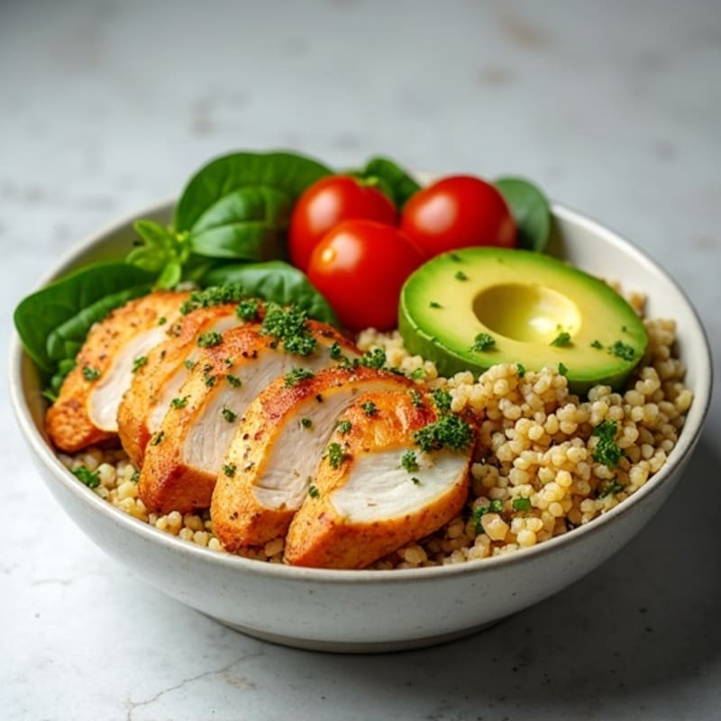Herb-Marinated Chicken and Quinoa Bowl with Fresh Vegetables