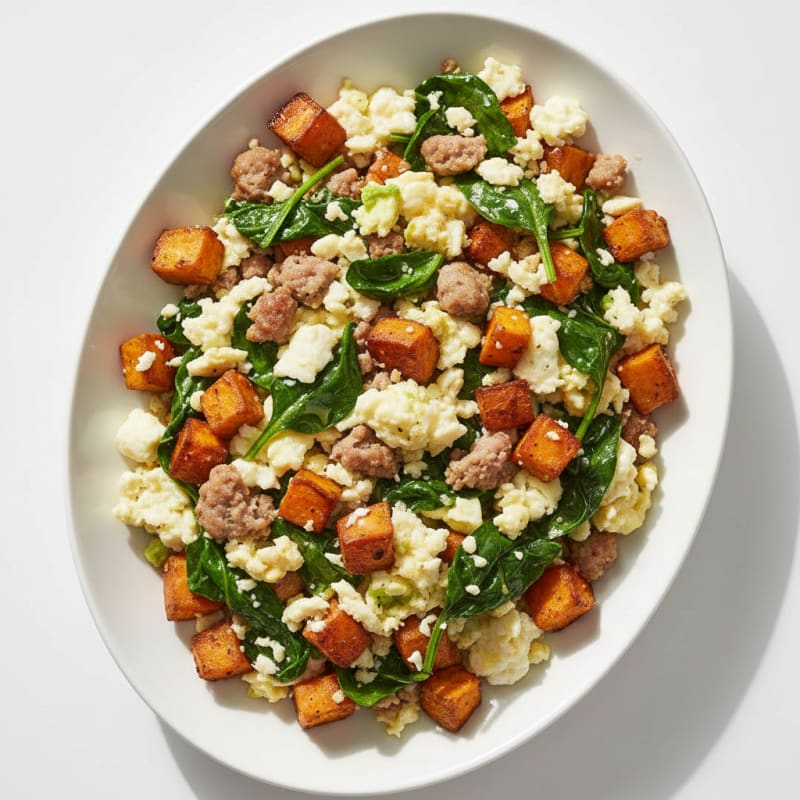 Egg White and Turkey Sausage Scramble with Spinach and Roasted Sweet Potato