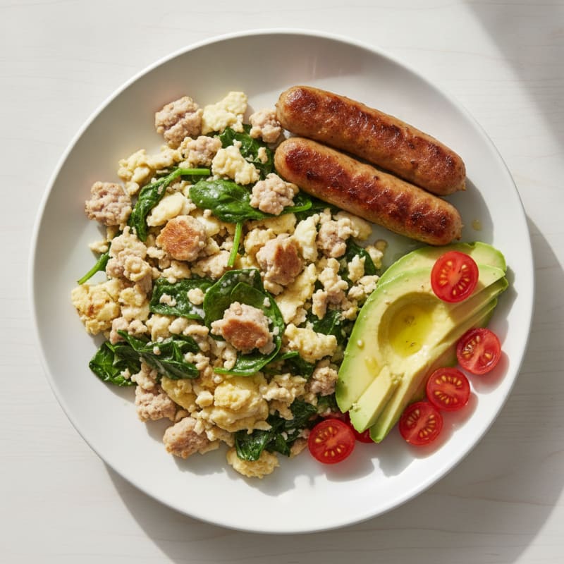 Egg White and Turkey Sausage Scramble with Sautéed Spinach
