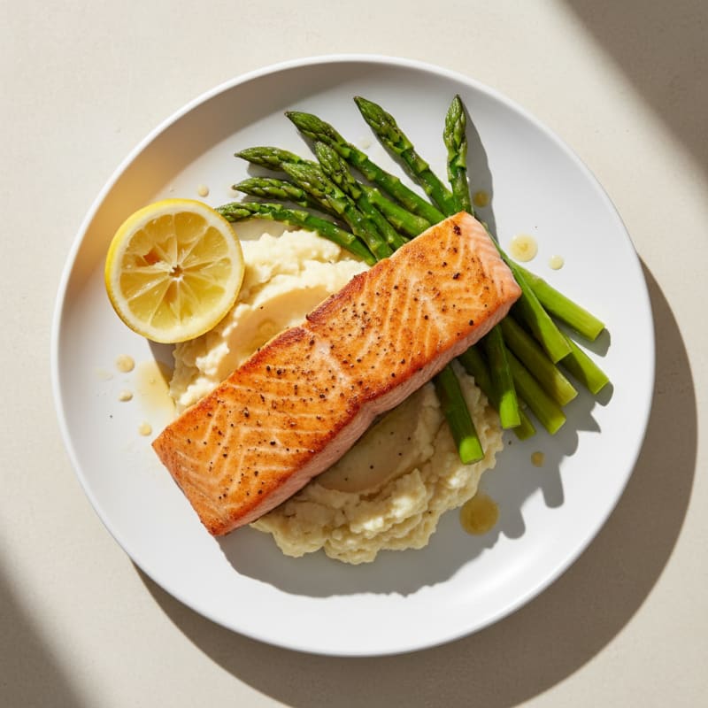 Seared Salmon with Steamed Asparagus and Garlic Cauliflower Mash
