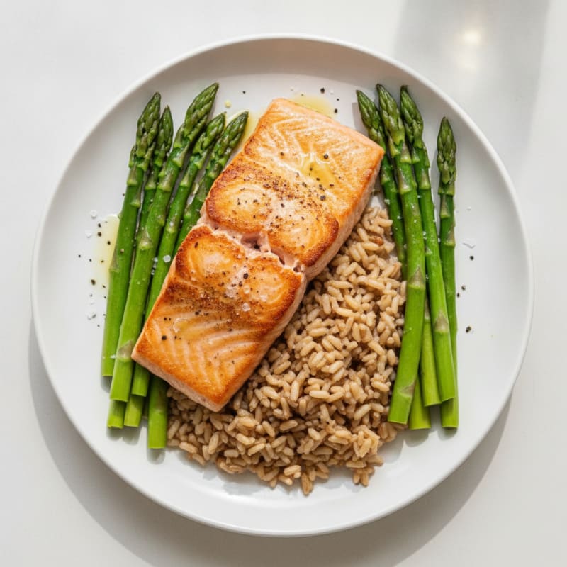 Seared Salmon Fillet with Steamed Asparagus and Brown Rice
