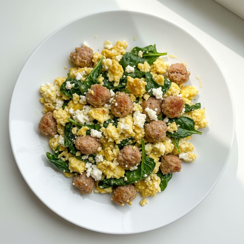 Cottage Cheese Scramble with Spinach and Turkey Sausage
