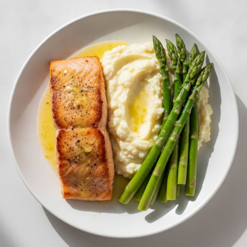 Seared Salmon with Steamed Asparagus and Mashed Cauliflower