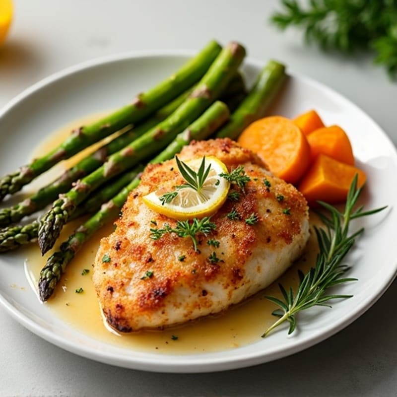 Crispy Lemon-Herb Baked Chicken with Roasted Asparagus and Sweet Potato