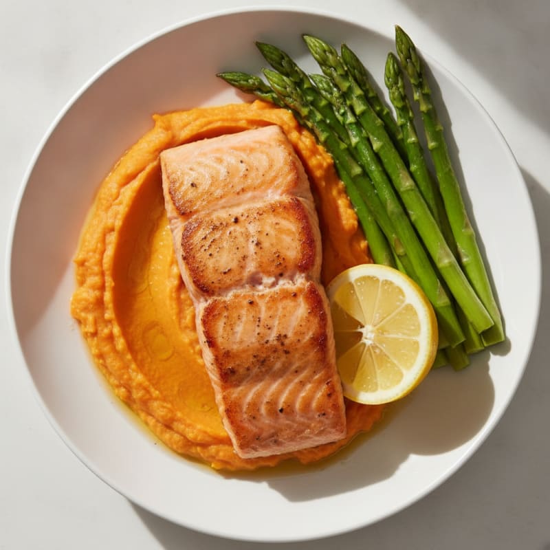 Seared Salmon with Steamed Asparagus and Sweet Potato Mash