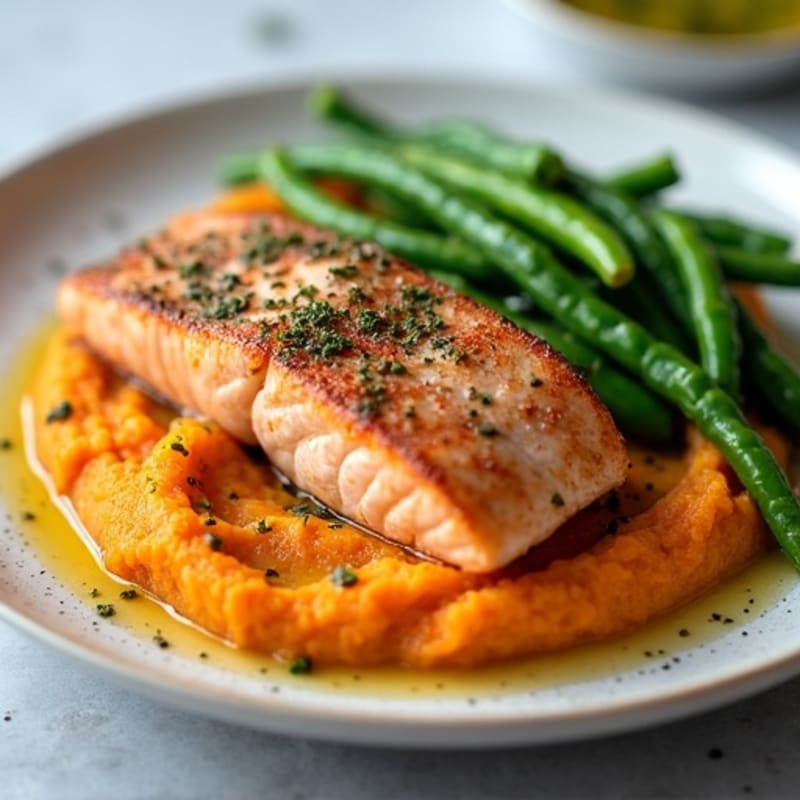 Seared Salmon with Garlic Green Beans and Sweet Potato Mash