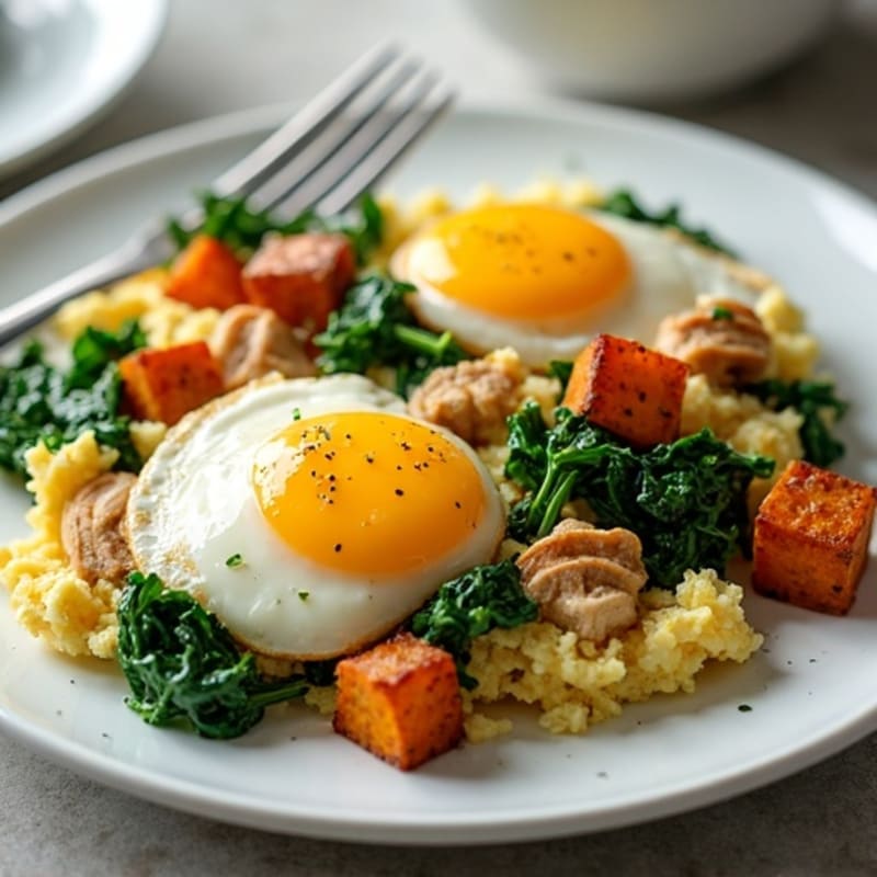 Egg White and Turkey Spinach Scramble with Roasted Sweet Potato