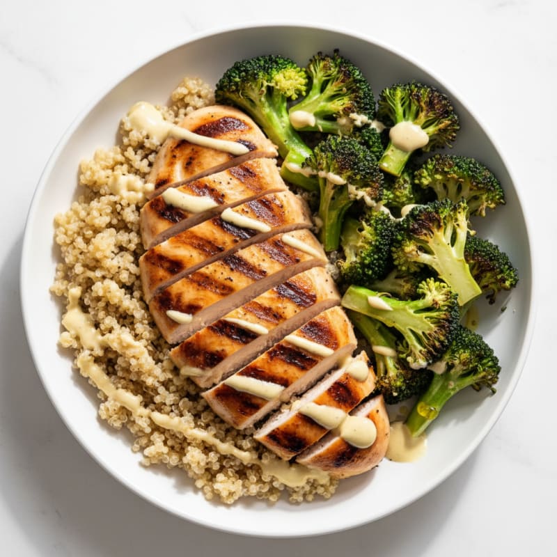 Grilled Chicken and Quinoa Bowl with Roasted Broccoli and Lemon Tahini Drizzle