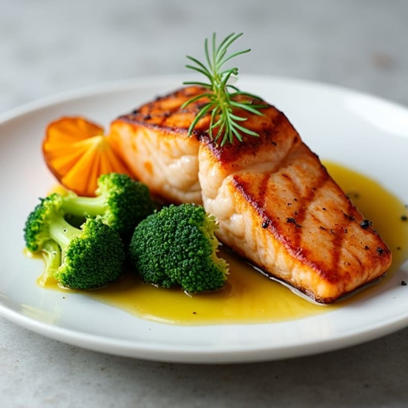 Seared Salmon with Steamed Broccoli and Roasted Sweet Potato