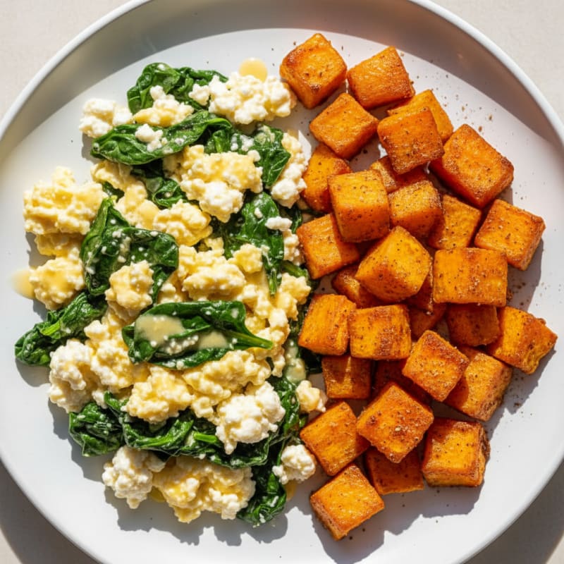 Cottage Cheese Egg Scramble with Spinach and Roasted Sweet Potato