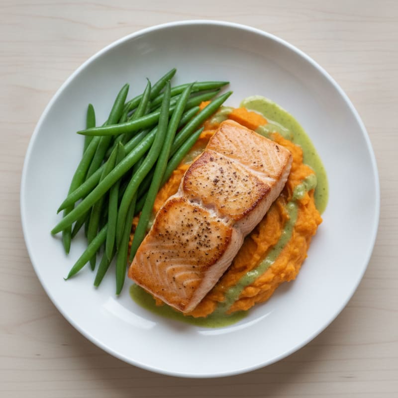 Seared Salmon with Steamed Green Beans and Mashed Sweet Potato