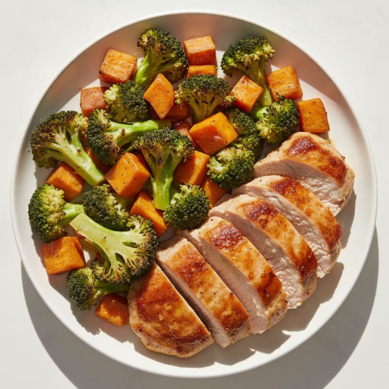 Seared Turkey Breast with Roasted Broccoli and Sweet Potato