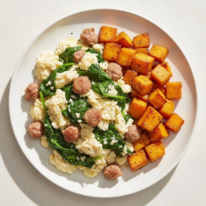 Egg White Spinach Scramble with Turkey Sausage and Roasted Sweet Potato