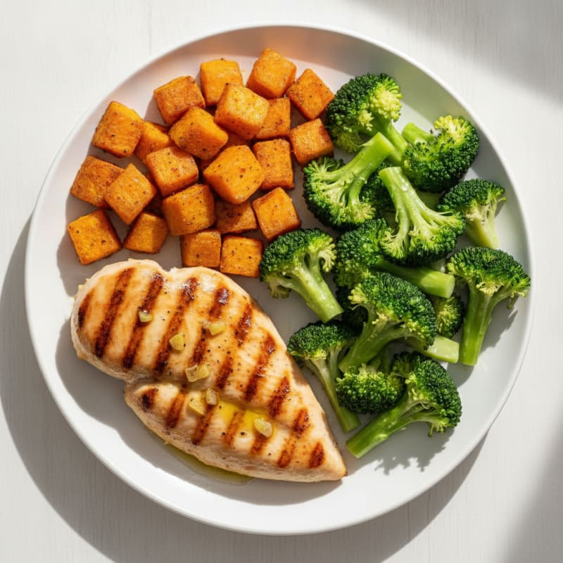 Grilled Chicken Breast with Roasted Sweet Potatoes and Steamed Broccoli
