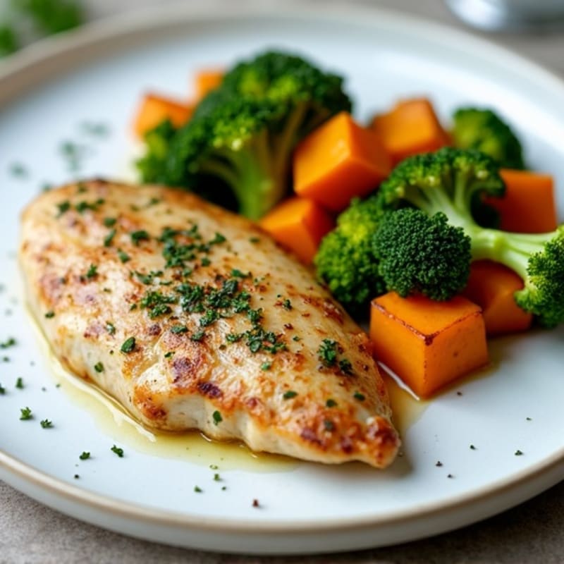 Herb-Roasted Chicken with Sweet Potato and Sautéed Broccoli in Olive Oil