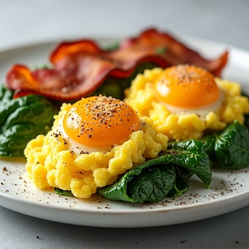 Fluffy Scrambled Eggs with Fresh Spinach and Crispy Turkey Bacon