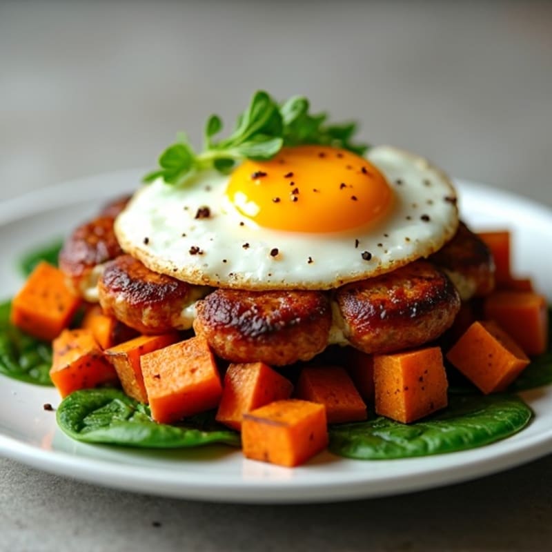 Crispy Baked Chicken Sausage and Sweet Potato Hash with Spinach