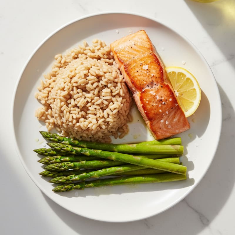 Seared Salmon with Steamed Asparagus and Brown Rice
