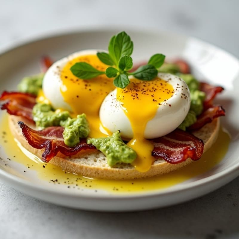 Poached Eggs with Crispy Turkey Bacon and Creamy Lemon-Avocado Sauce