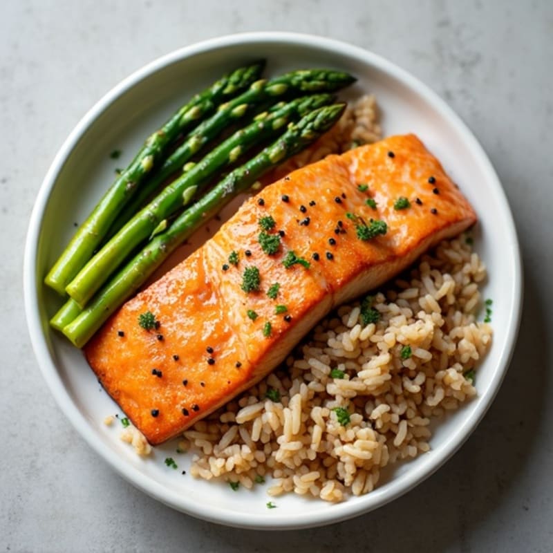 Seared Salmon with Steamed Asparagus and Brown Rice