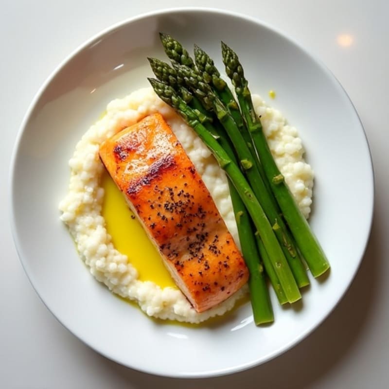 Seared Salmon with Steamed Asparagus and Cauliflower Mash