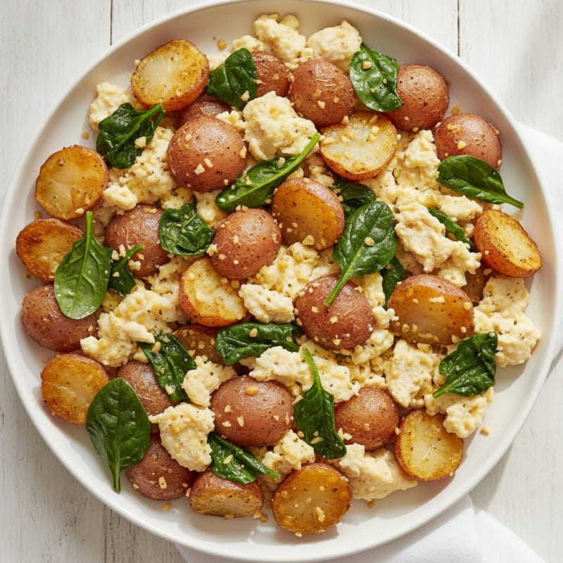 Crispy Potato and Egg White Scramble with Sautéed Spinach