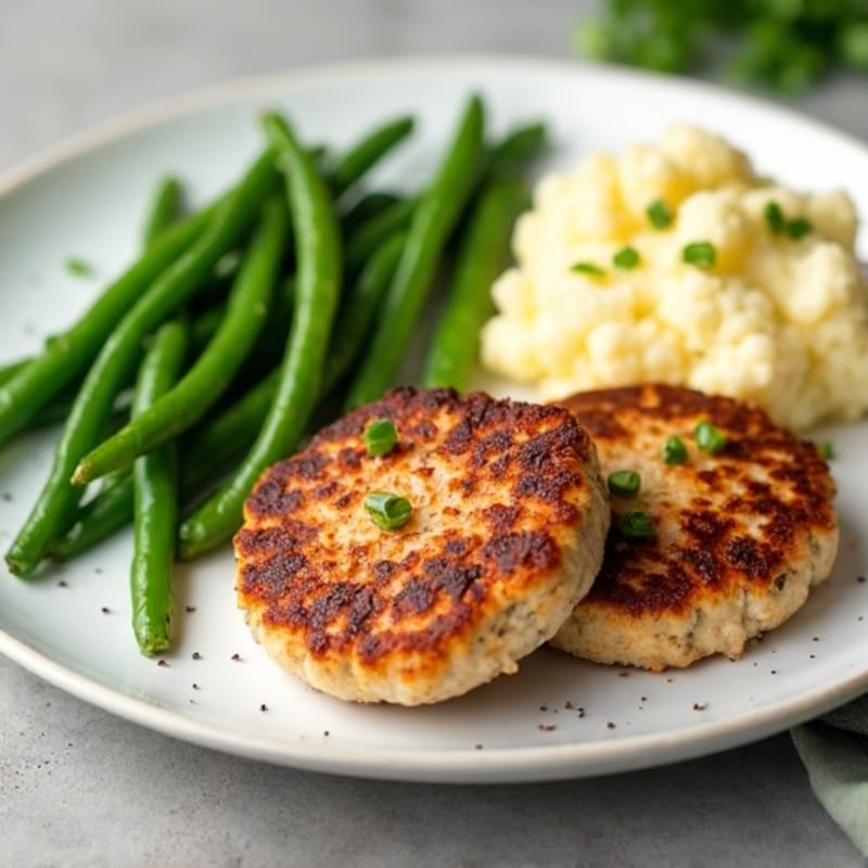 Seared Turkey Patties with Steamed Green Beans and Mashed Cauliflower
