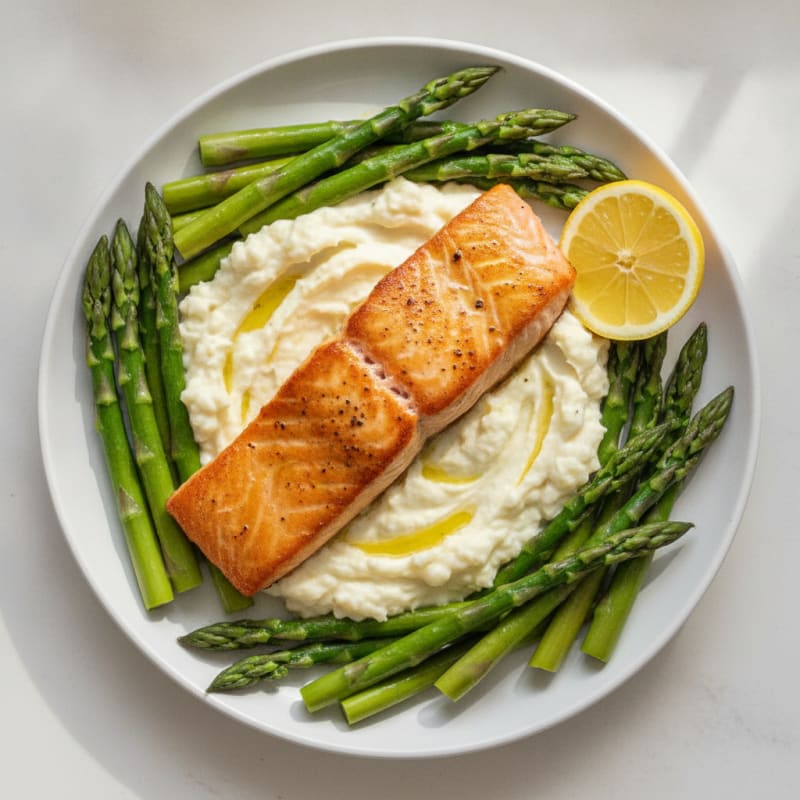 Seared Salmon with Steamed Asparagus and Cauliflower Mash