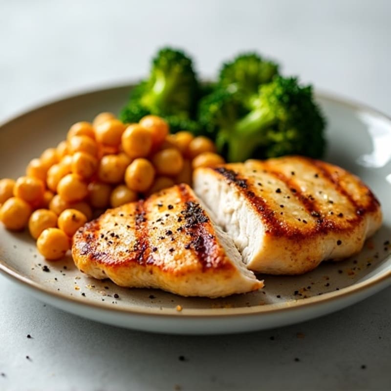 Grilled Chicken Breast with Crispy Chickpeas and Roasted Broccoli