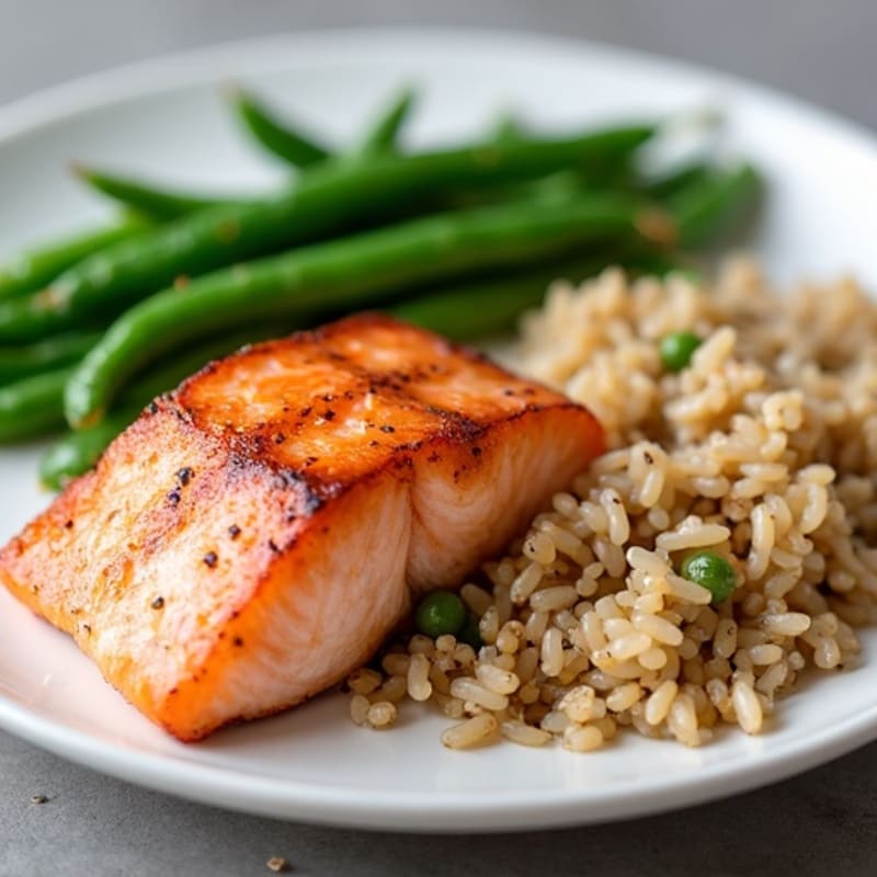 Seared Salmon Fillet with Steamed Green Beans and Brown Rice