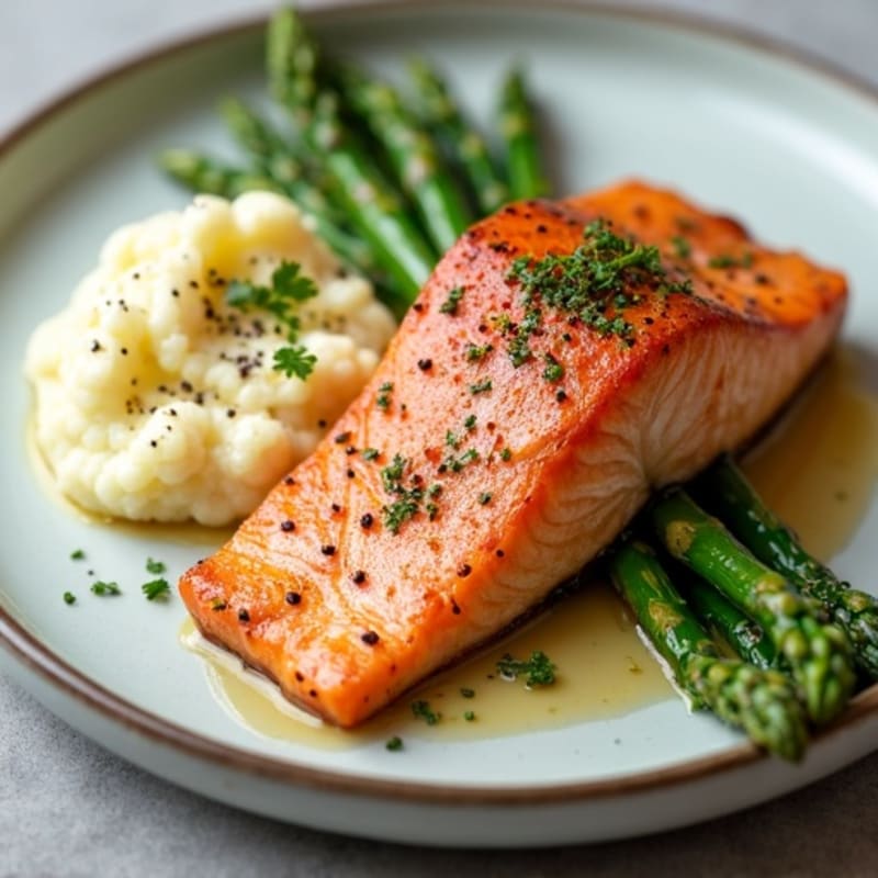 Seared Salmon with Steamed Asparagus and Cauliflower Mash