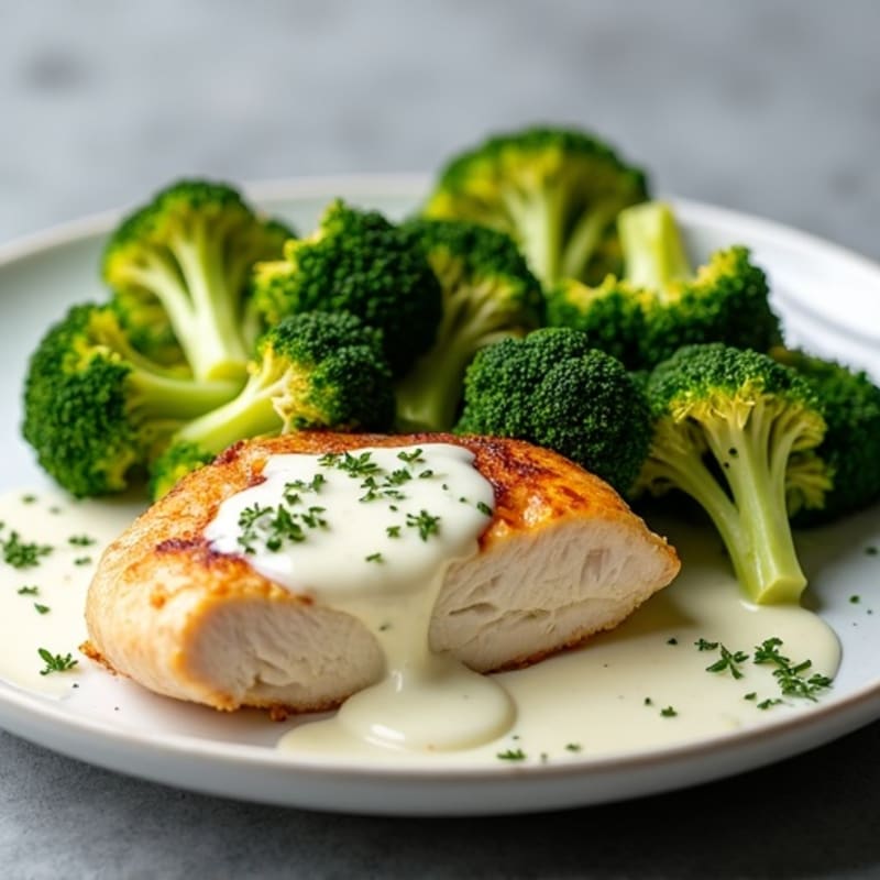 Creamy Garlic Herb Chicken with Roasted Broccoli Florets