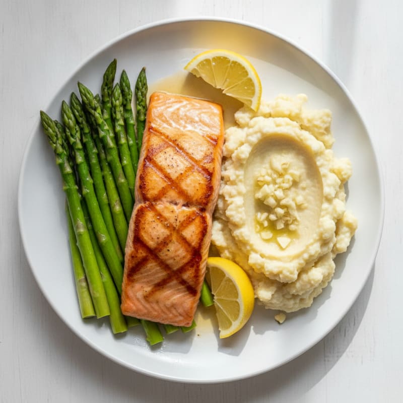Seared Salmon Fillet with Steamed Asparagus and Cauliflower Mash